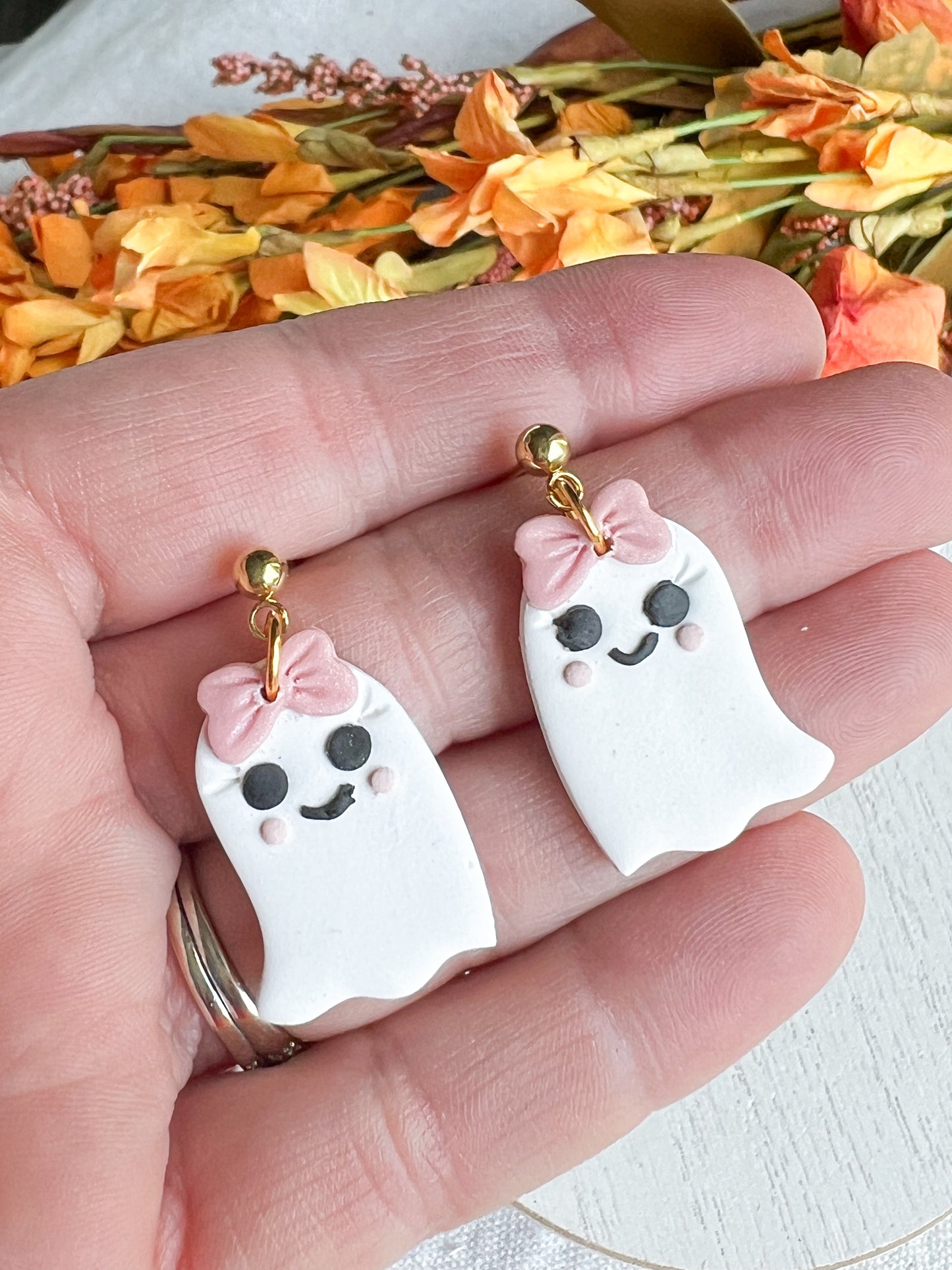 Floral Embossed Ghost Polymer Clay Earrings with Gold Bow Posts (Copy)