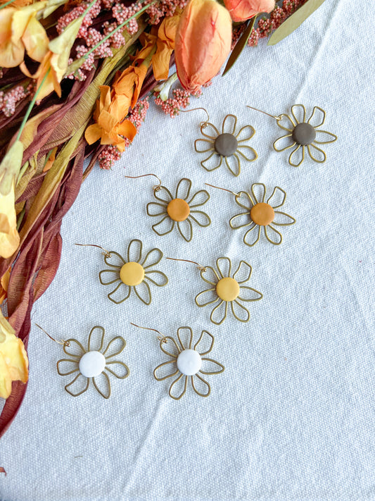 Gold Bezel Daisy and Sunflower Polymer Clay Earrings