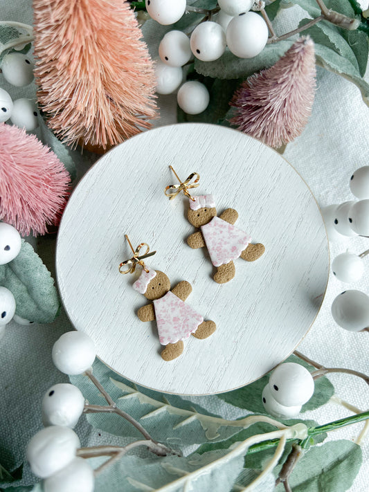 Gingerbread Girl in Pink Floral Dress Polymer Clay Earrings