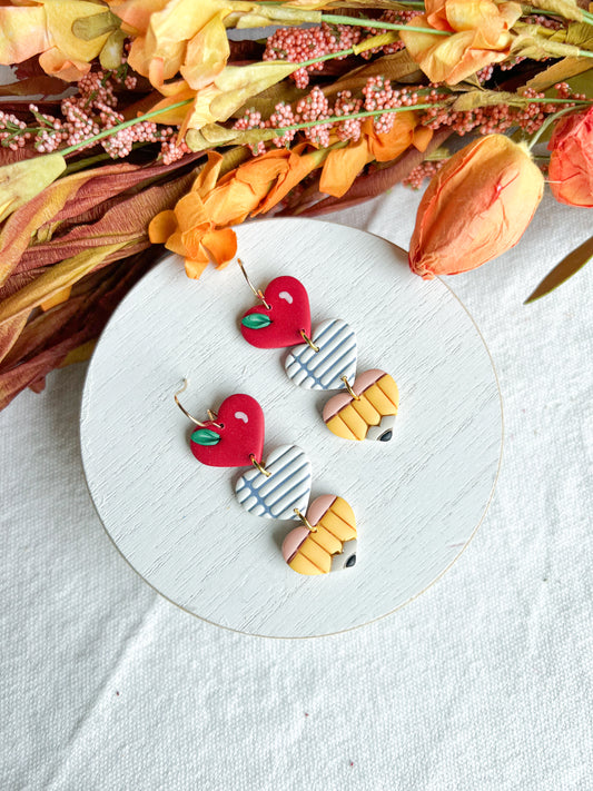 Apple, Paper Pencil Heart Polymer Clay Earrings | Teacher Earrings | Back to School Earrings |  Teacher Gift