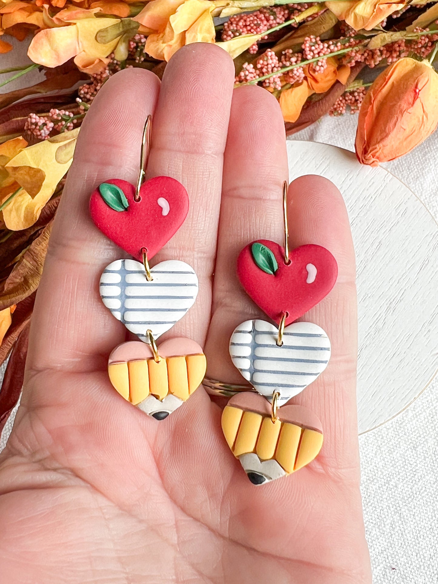 Apple, Paper Pencil Heart Polymer Clay Earrings | Teacher Earrings | Back to School Earrings |  Teacher Gift