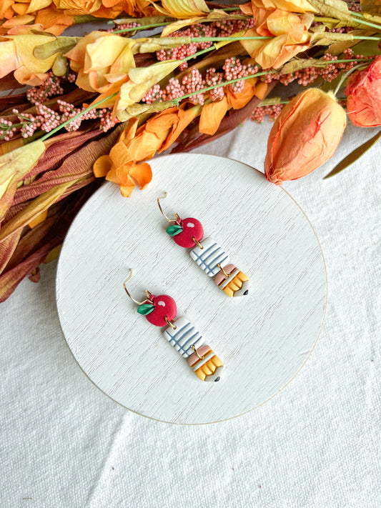 Apple, Paper Pencil Polymer Clay Earrings | Teacher Earrings | Back to School Earrings |  Teacher Gift