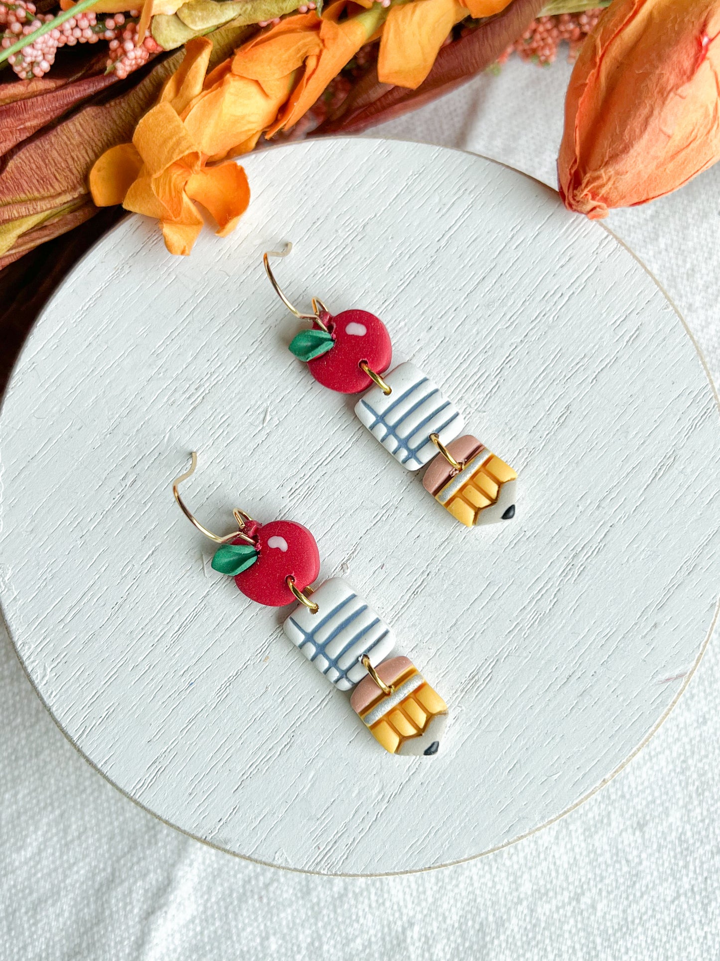 Apple, Paper Pencil Polymer Clay Earrings | Teacher Earrings | Back to School Earrings |  Teacher Gift