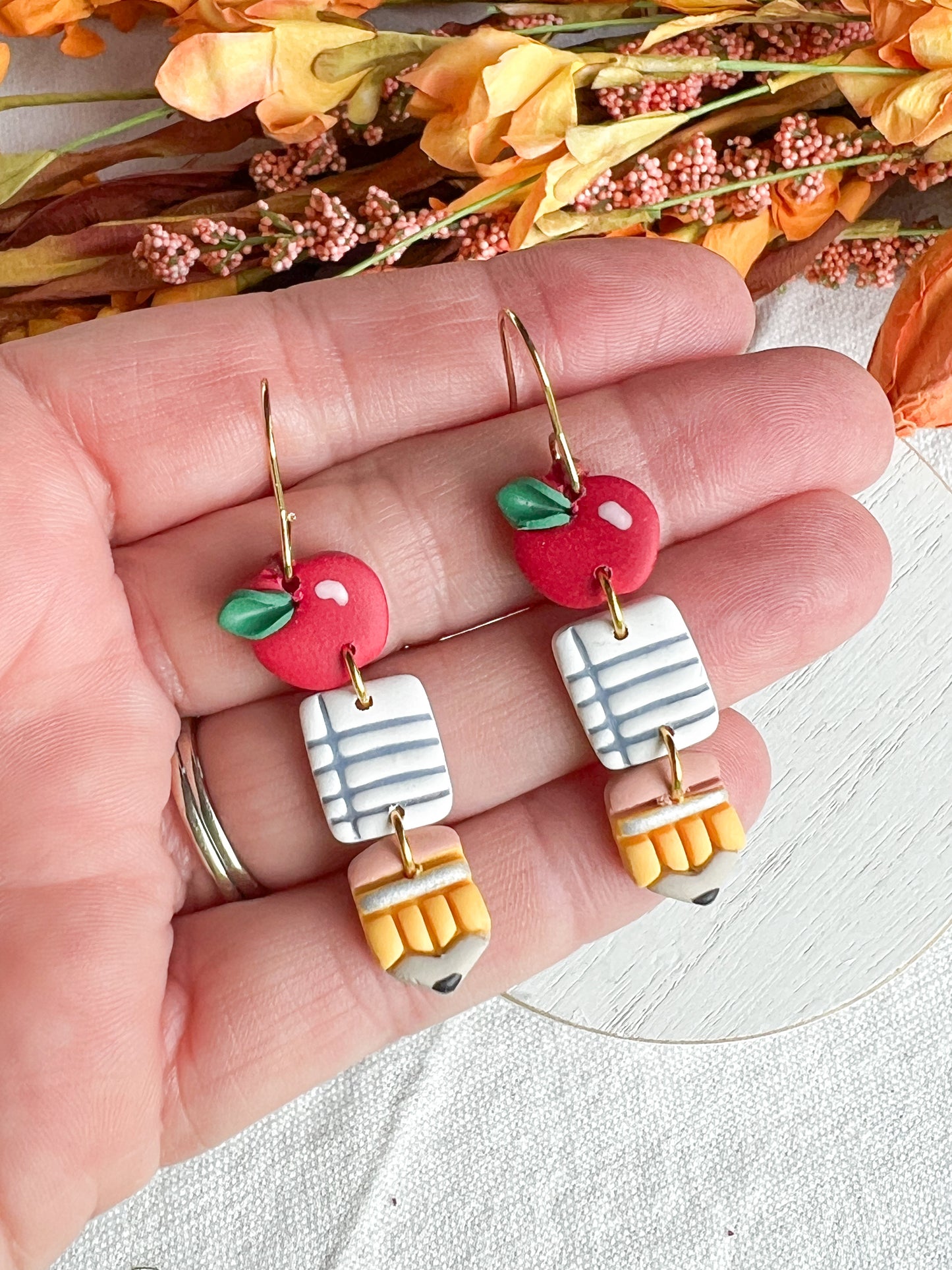 Apple, Paper Pencil Polymer Clay Earrings | Teacher Earrings | Back to School Earrings |  Teacher Gift