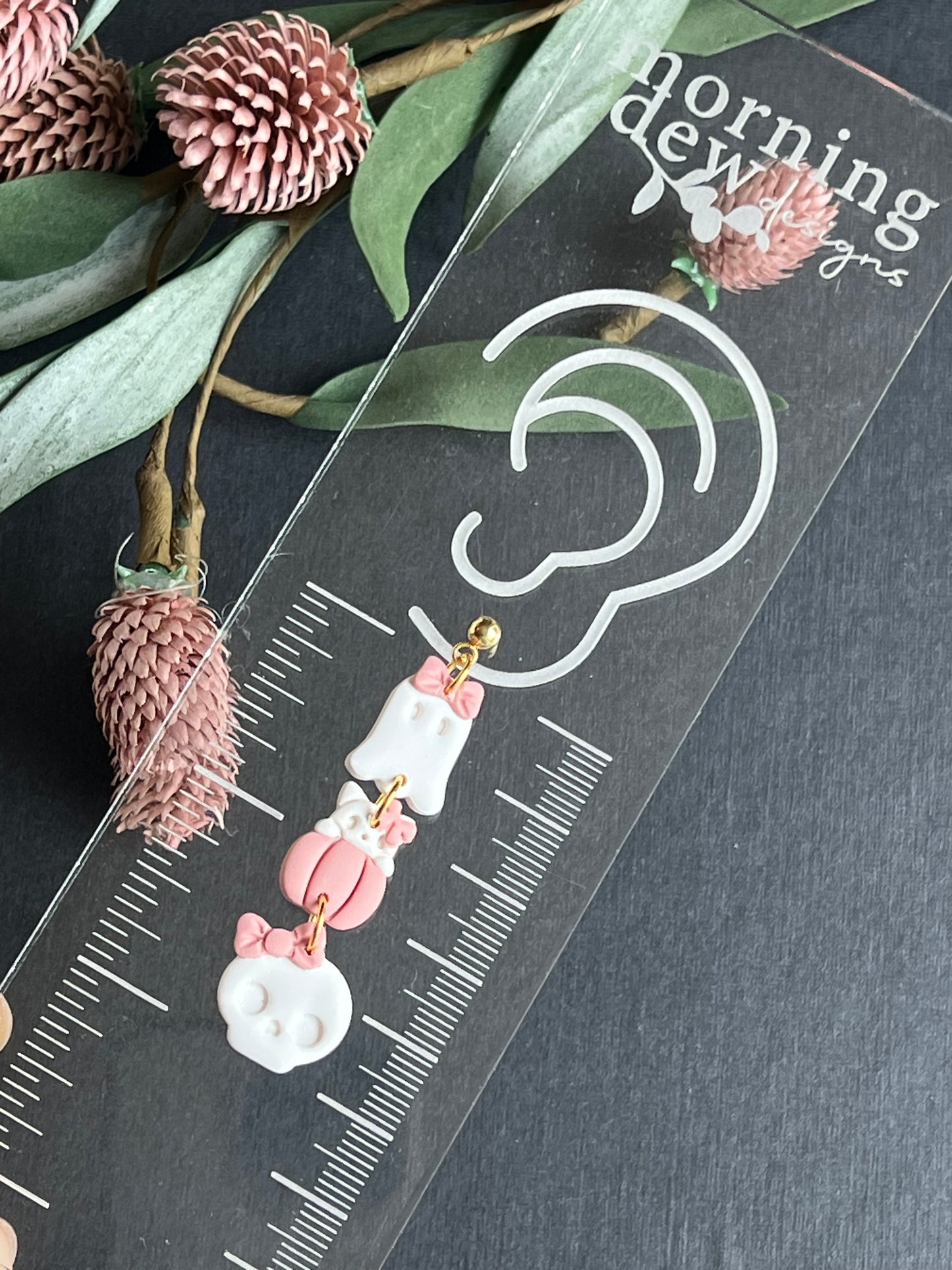 Three Tiered Ghost, Kitty Pumpkin, Skull Halloween Dangles