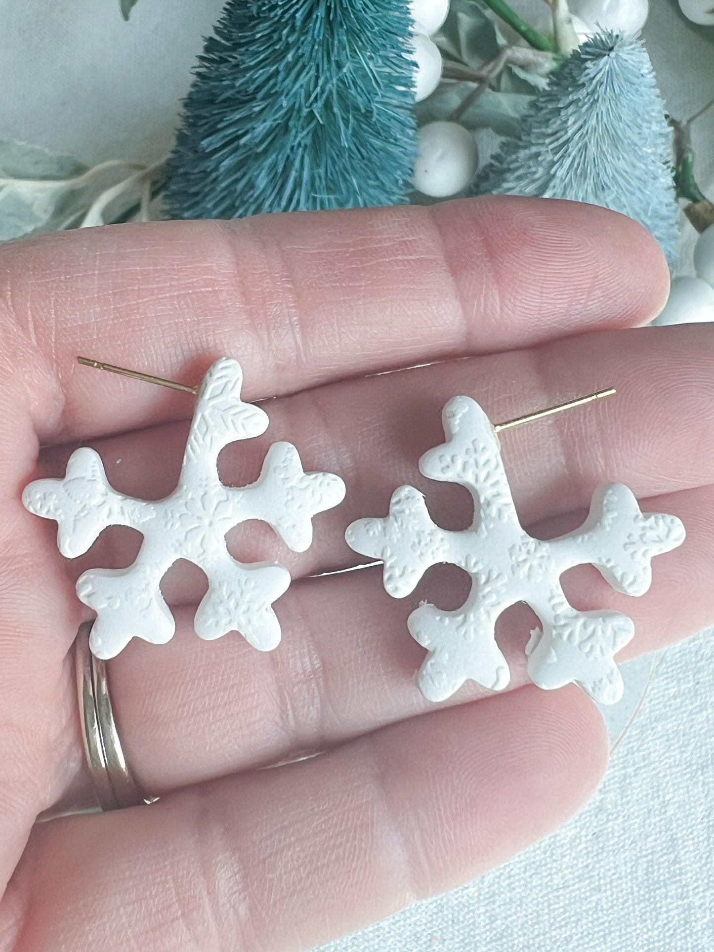 Mini Snowflake Embossed Snowflake Polymer Clay Hoops