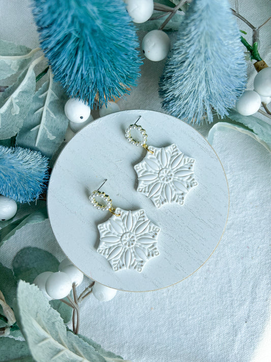 Embossed Snowflake with Pearl Stud Polymer Clay Earrings