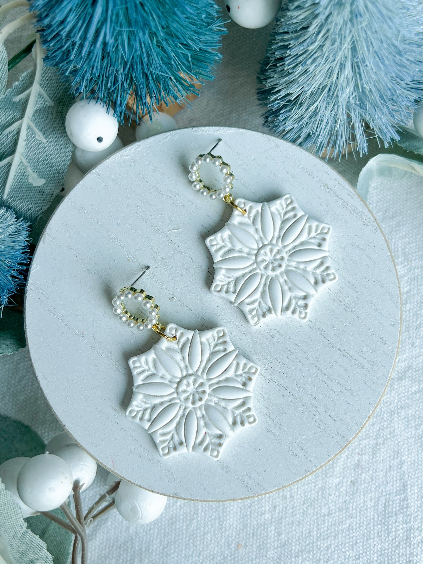 Embossed Snowflake with Pearl Stud Polymer Clay Earrings