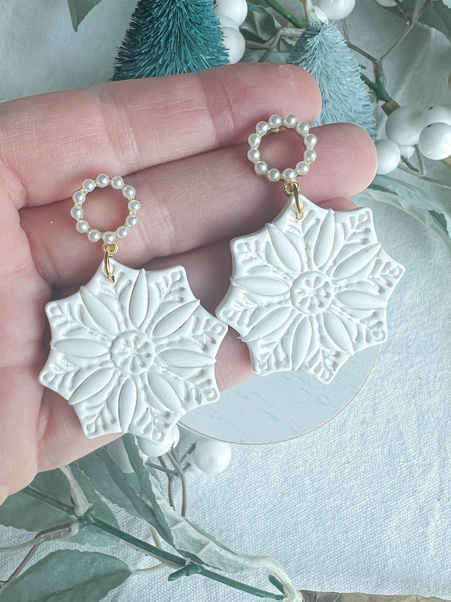 Embossed Snowflake with Pearl Stud Polymer Clay Earrings