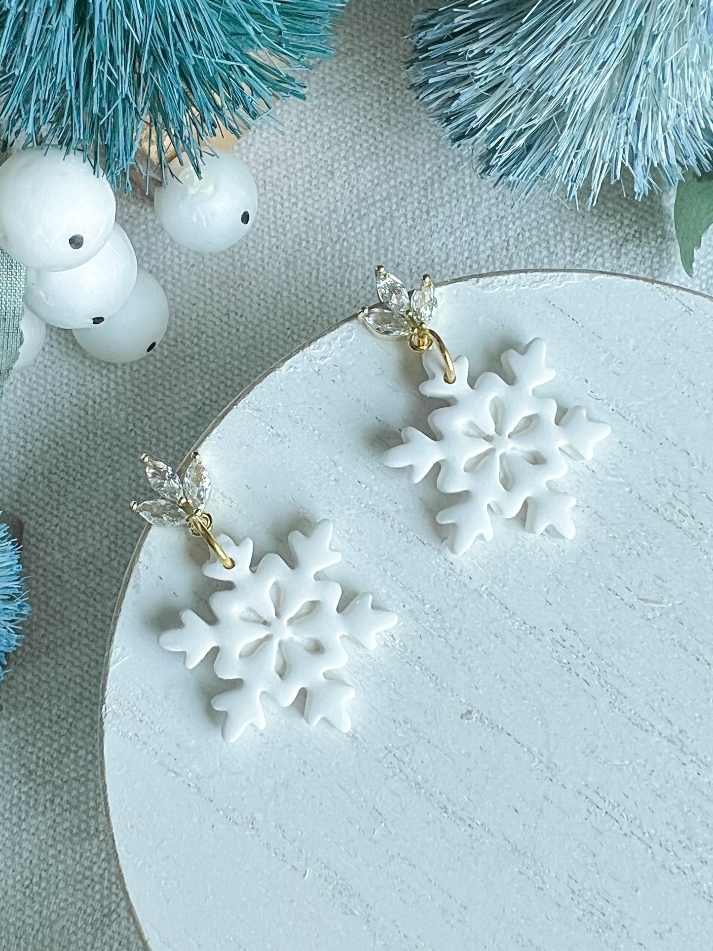 Embossed Snowflake with Crystal Stud Polymer Clay Earrings