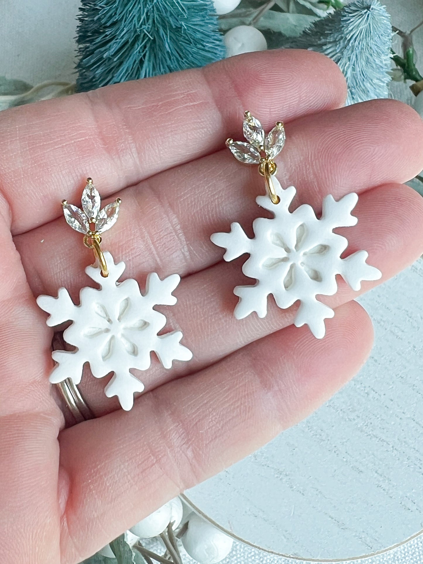 Embossed Snowflake with Crystal Stud Polymer Clay Earrings