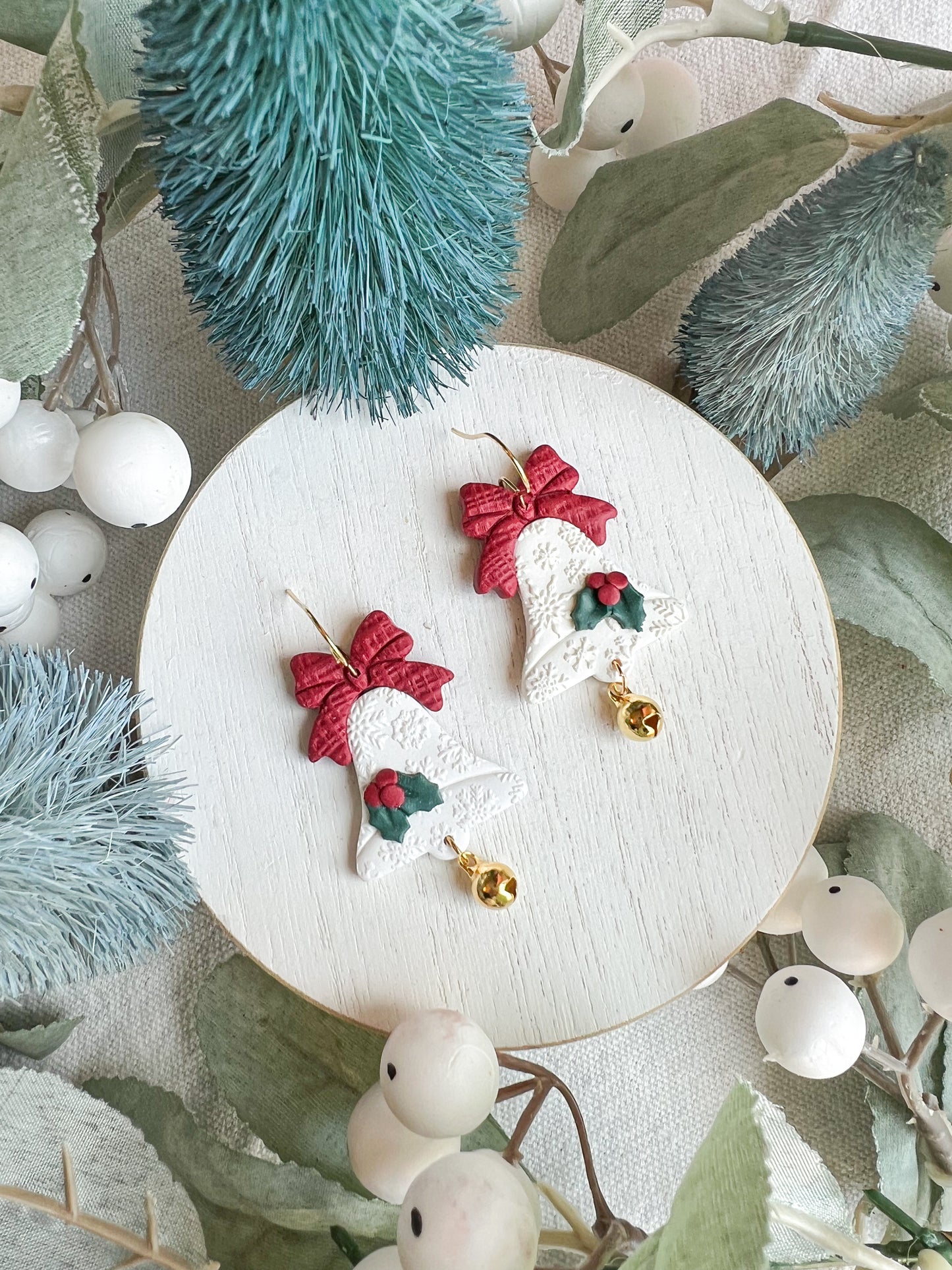 Christmas Jingle Bell with Red Bow Polymer Clay Earrings