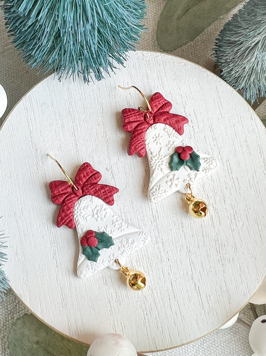 Christmas Jingle Bell with Red Bow Polymer Clay Earrings