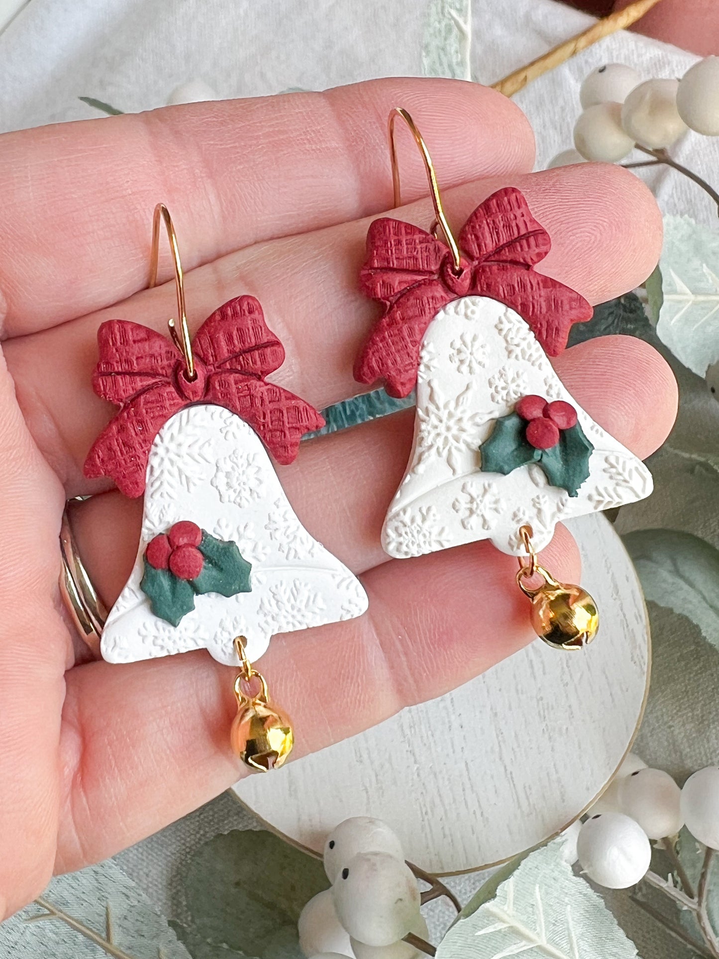 Christmas Jingle Bell with Red Bow Polymer Clay Earrings