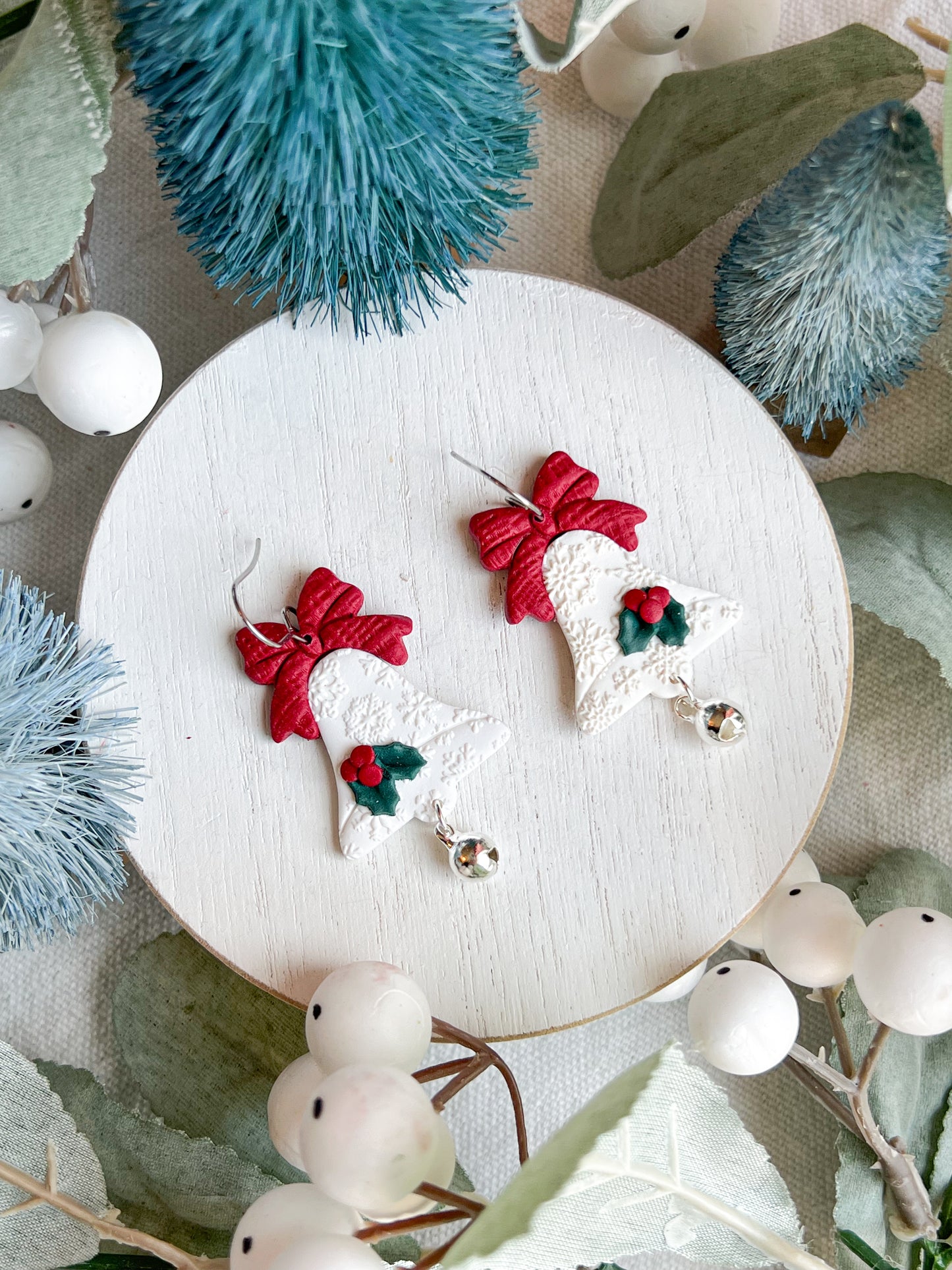 Christmas Jingle Bell with Red Bow Polymer Clay Earrings