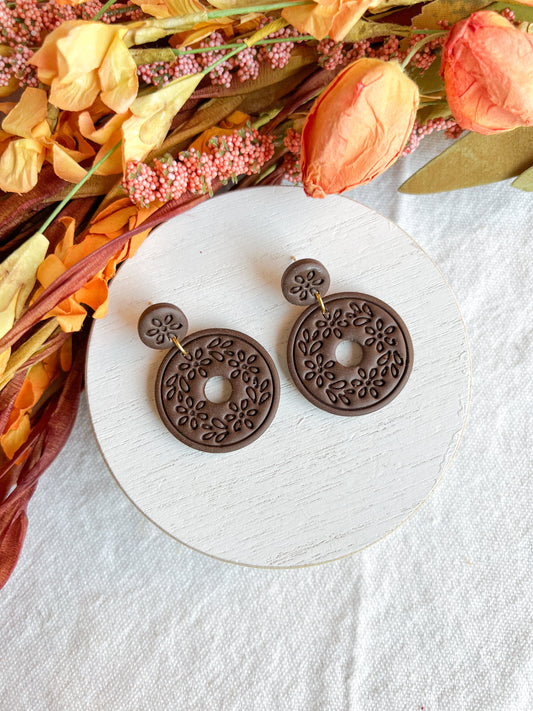 Chocolate Brown Floral Embossed Boho Donut Polymer Clay Earrings
