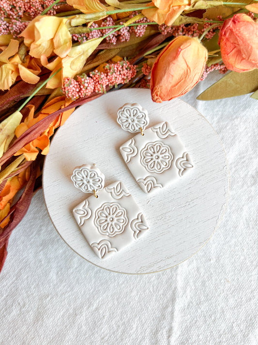 White Floral Embossed Boho Tile Polymer Clay Earrings