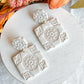 White Floral Embossed Boho Tile Polymer Clay Earrings