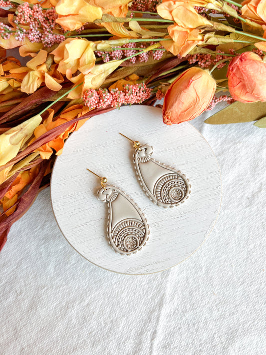 Neutral Taupe Boho Paisley Drop Polymer Clay Earrings