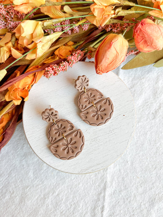 Neutral Greige Boho Floral Textured Half Circle Polymer Clay Earrings