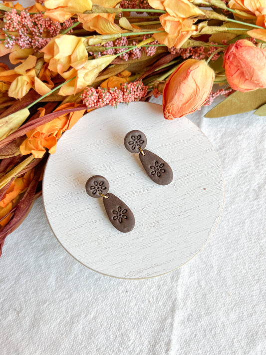 Dark Chocolate Brown Boho Floral Teardrop Polymer Clay Earrings
