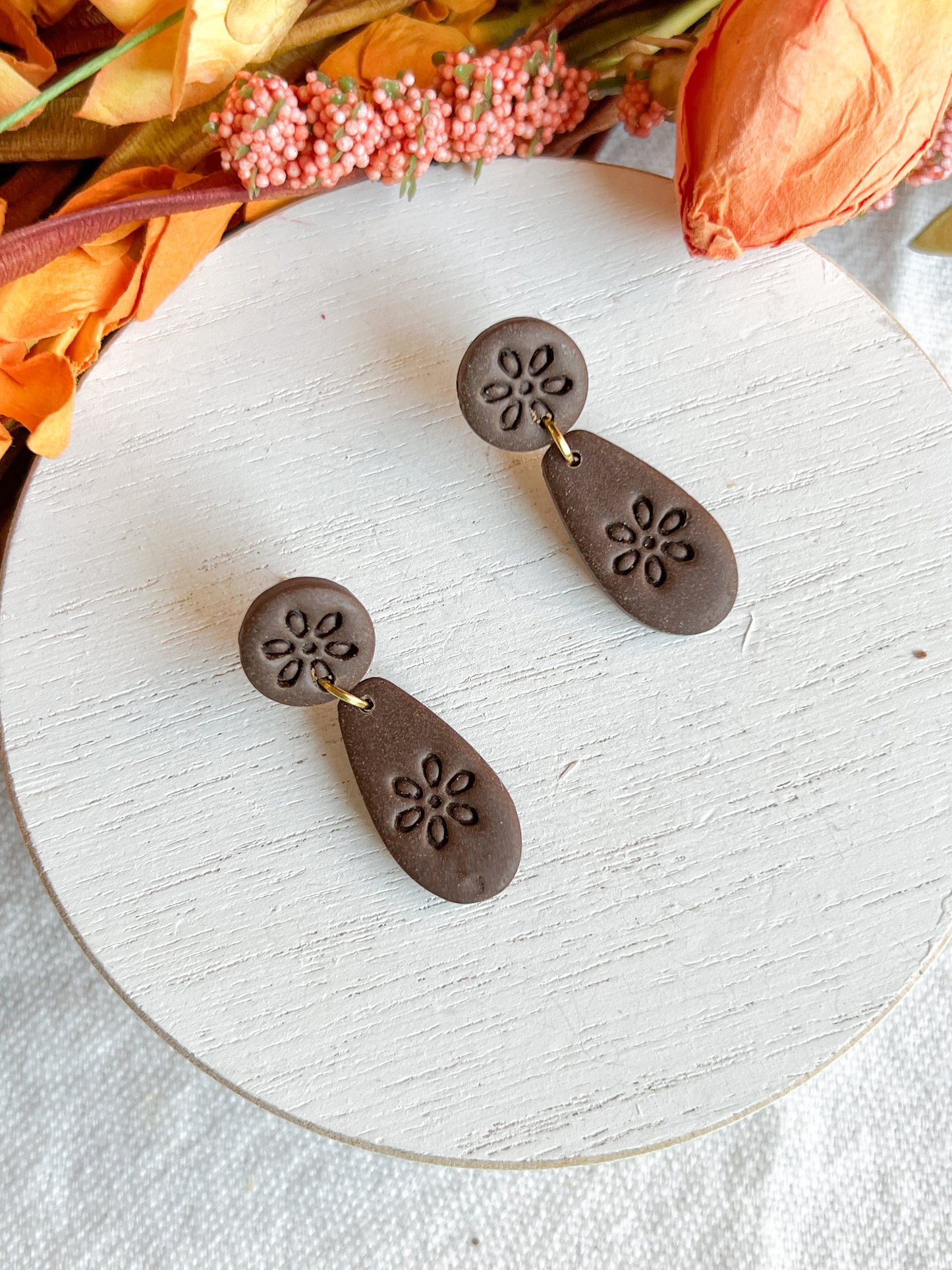 Dark Chocolate Brown Boho Floral Teardrop Polymer Clay Earrings