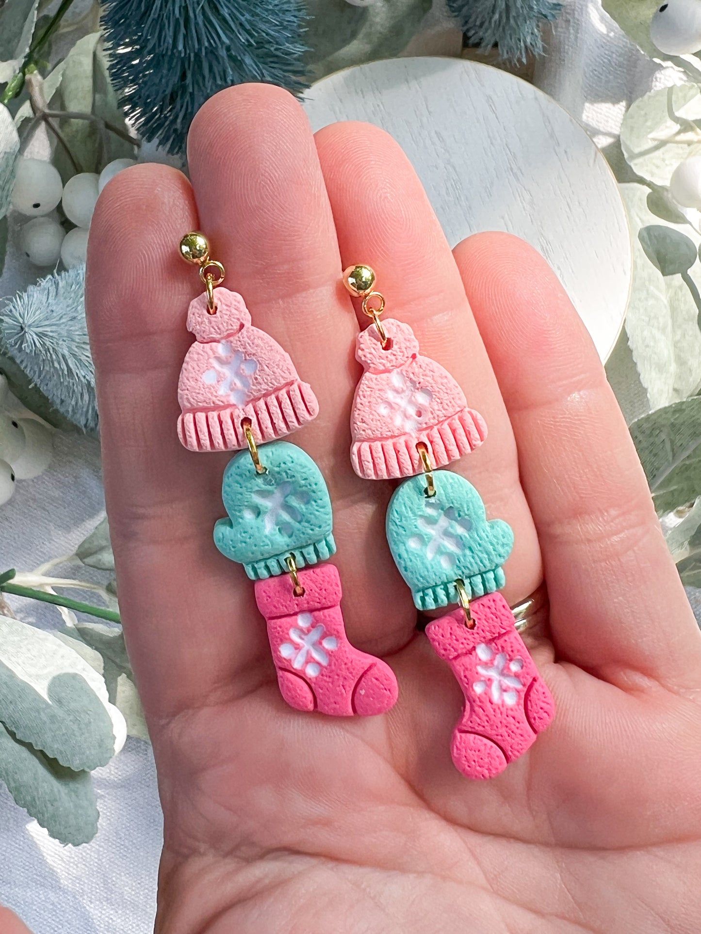 Three Tiered Beanie, Mitten, and Stocking Polymer Clay Earrings