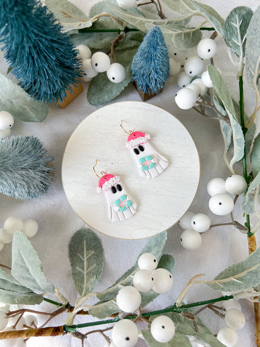 Pink Christmas Ghost with Gift Polymer Clay Earrings