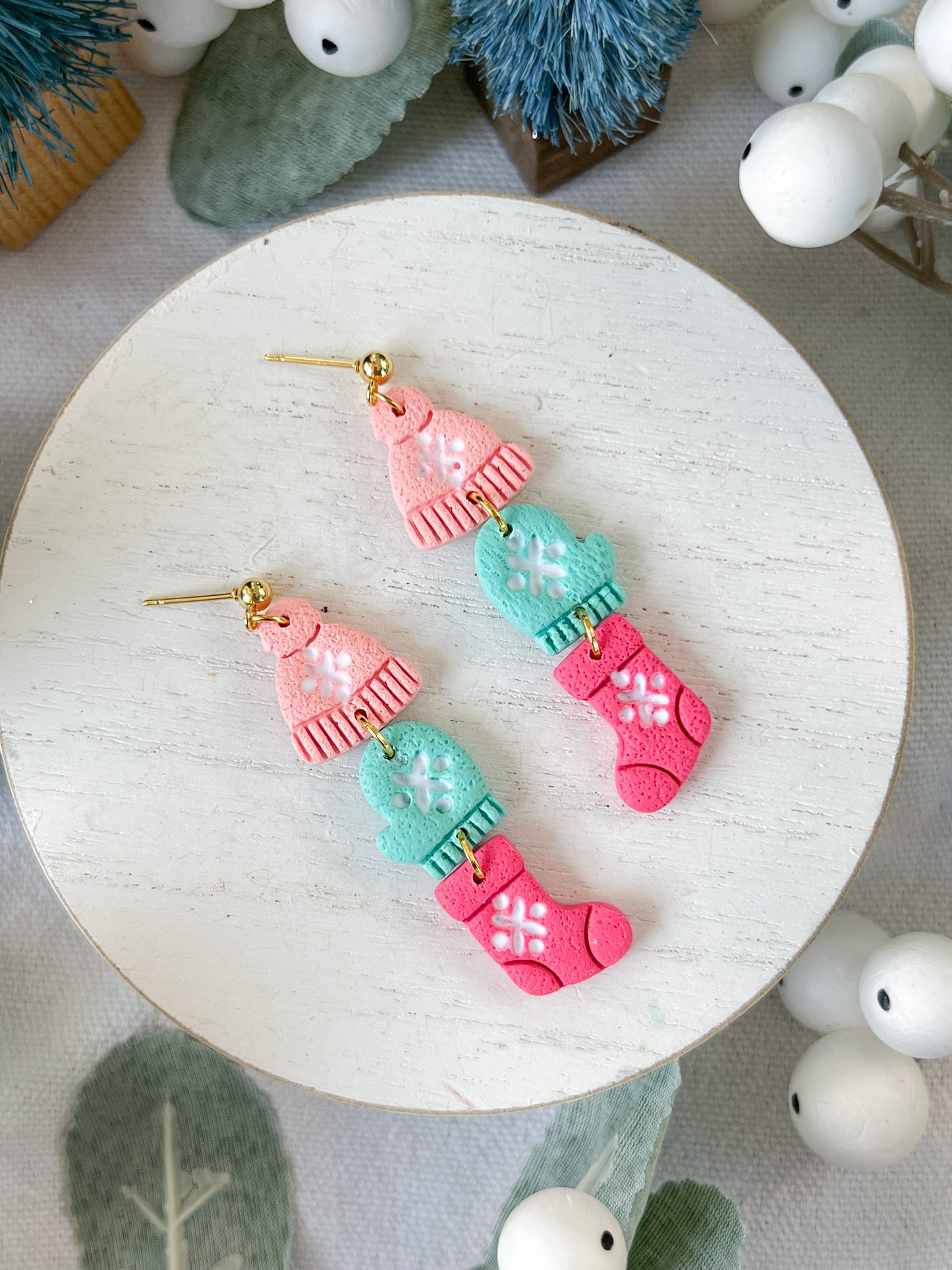 Three Tiered Beanie, Mitten, and Stocking Polymer Clay Earrings