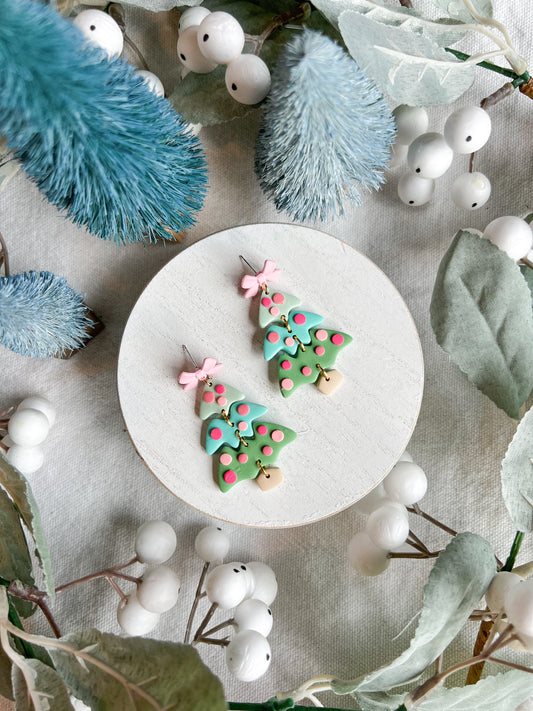Three Tiered Pink and Mint Christmas Tree Polymer Clay Earrings