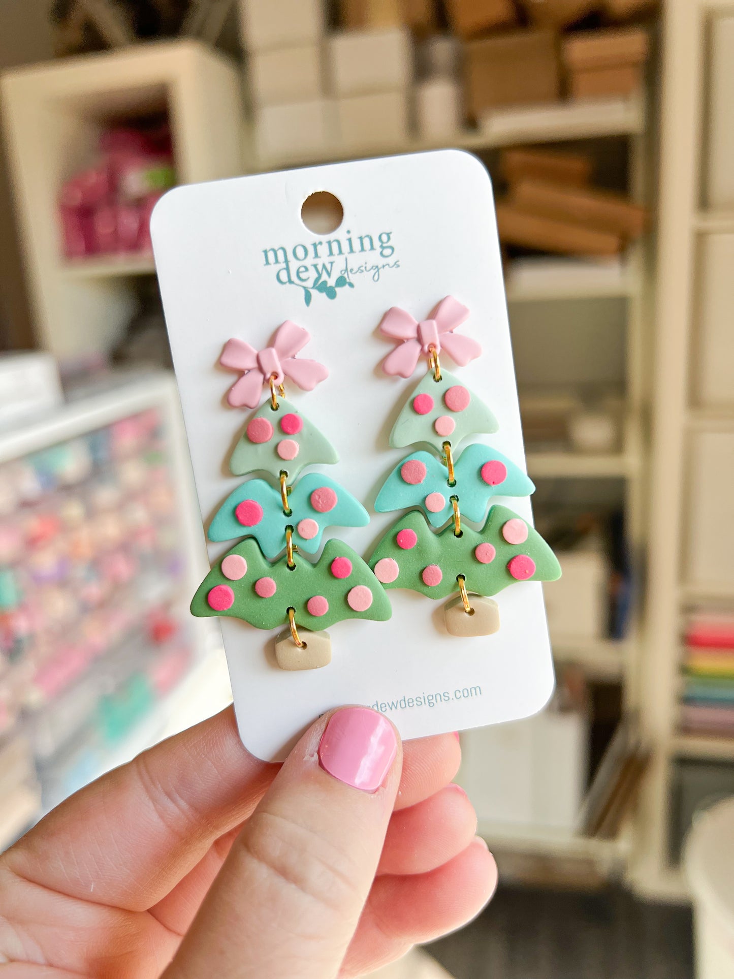 Three Tiered Pink and Mint Christmas Tree Polymer Clay Earrings