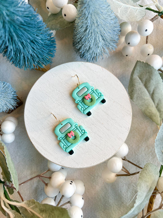 Vintage Truck with Christmas Wreath and Bow Polymer Clay Earrings