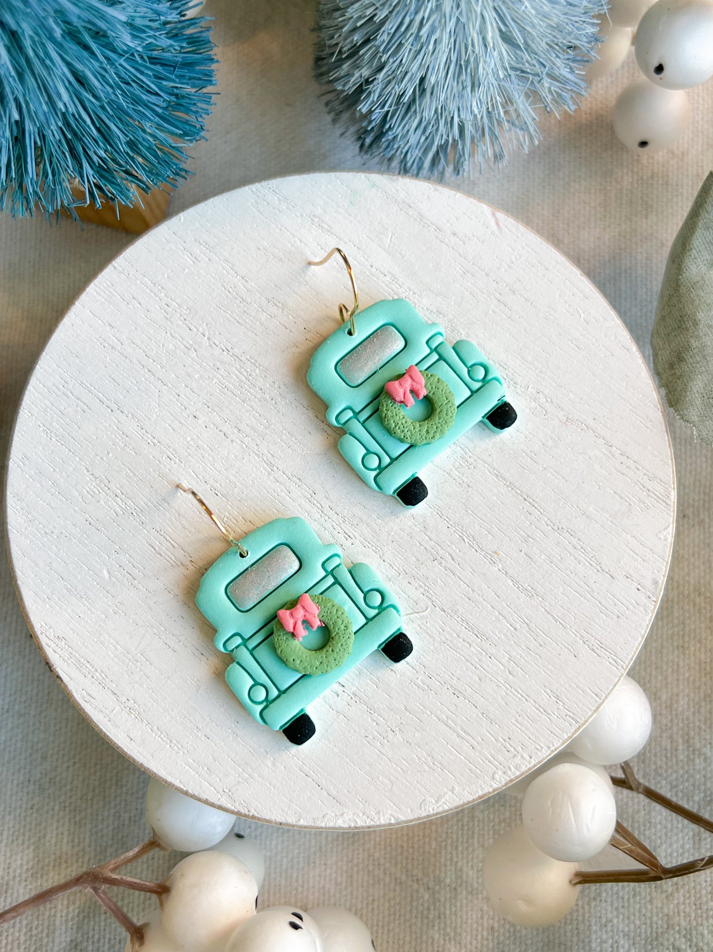 Vintage Truck with Christmas Wreath and Bow Polymer Clay Earrings
