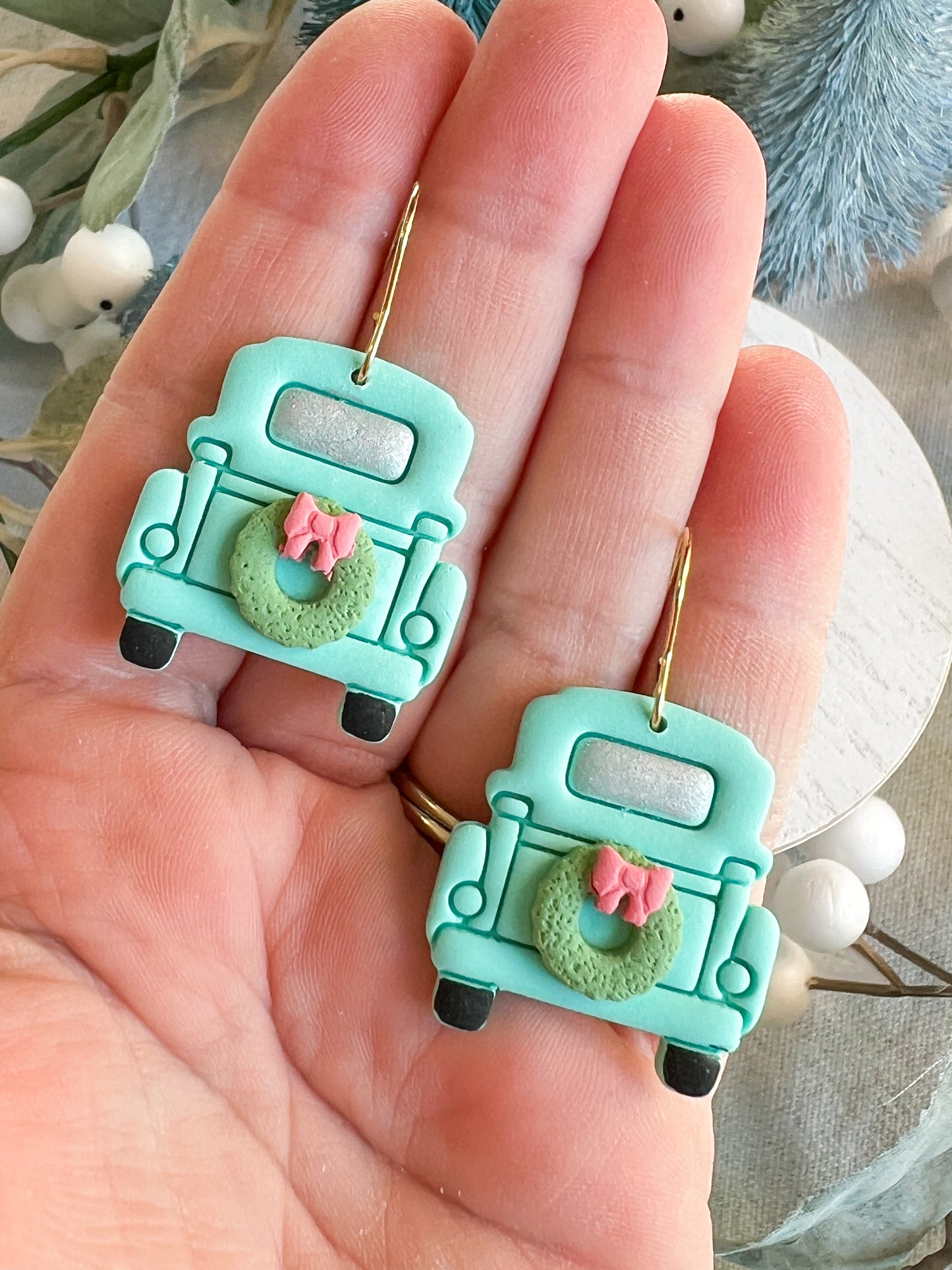 Vintage Truck with Christmas Wreath and Bow Polymer Clay Earrings