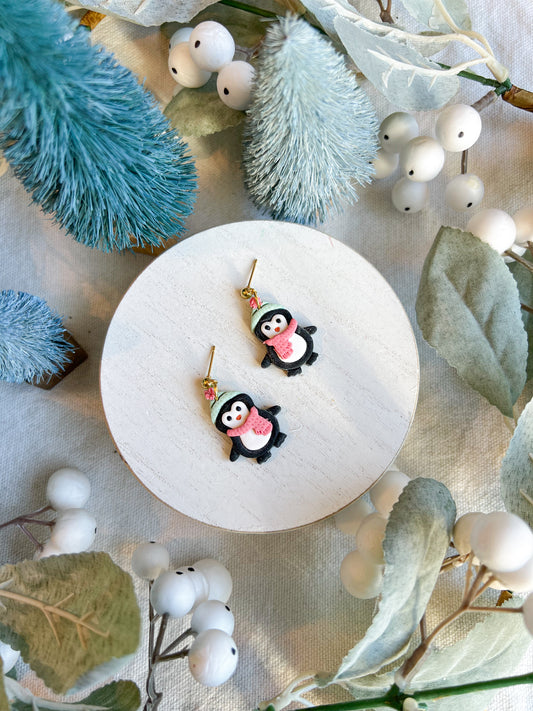 Penguin Earrings with Scarf and Beanie Polymer Clay Earrings