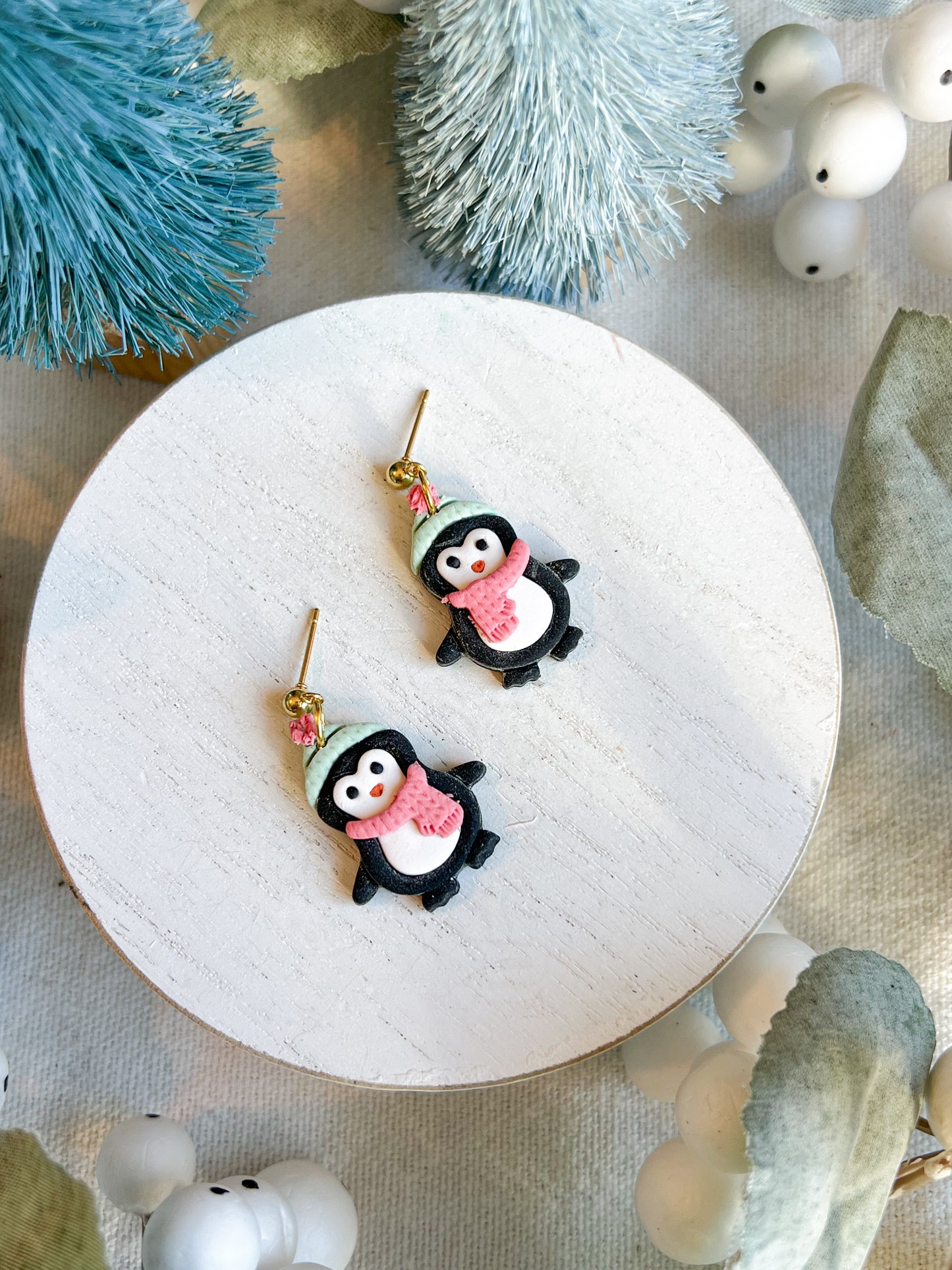 Penguin Earrings with Scarf and Beanie Polymer Clay Earrings