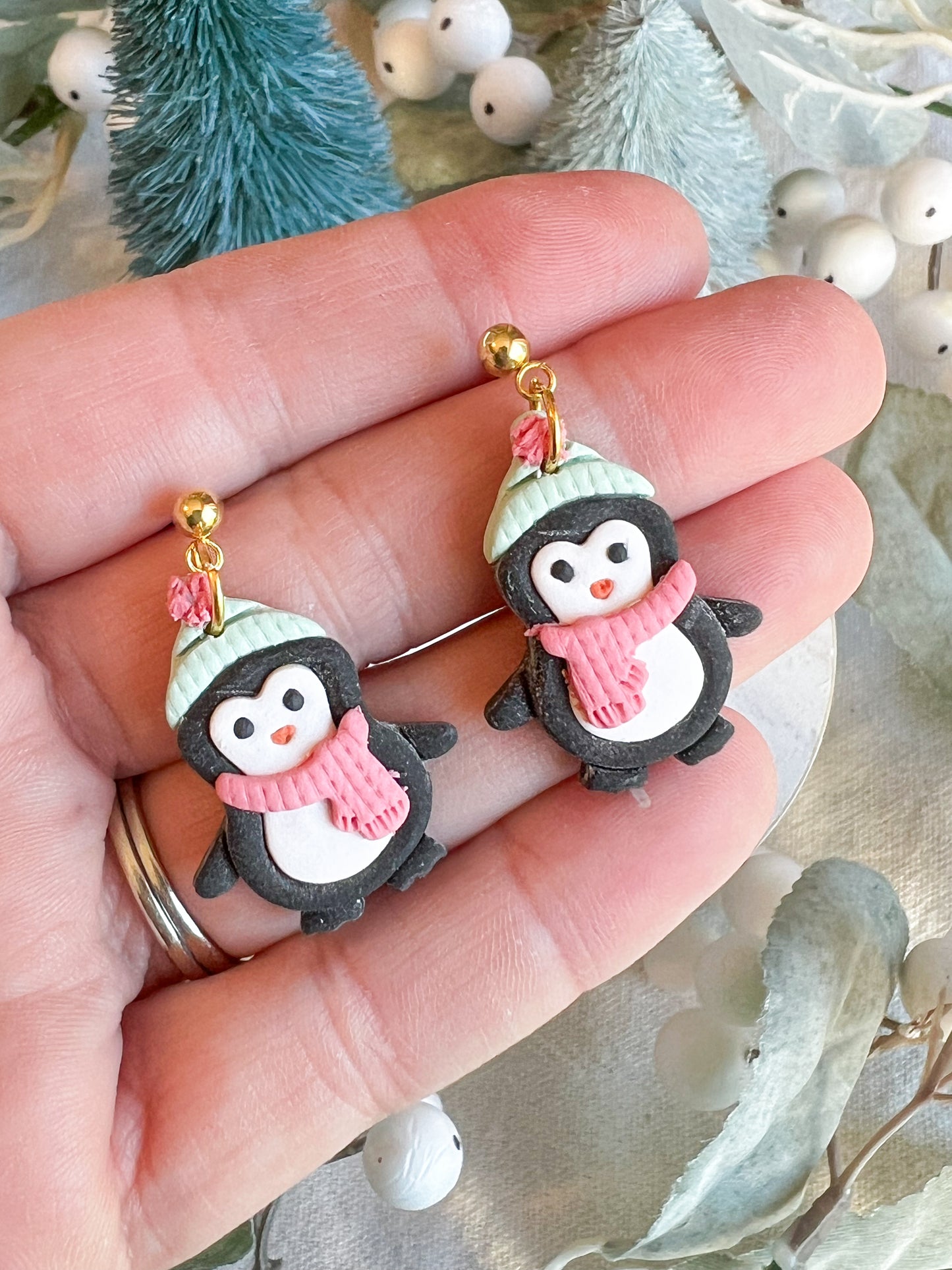 Penguin Earrings with Scarf and Beanie Polymer Clay Earrings