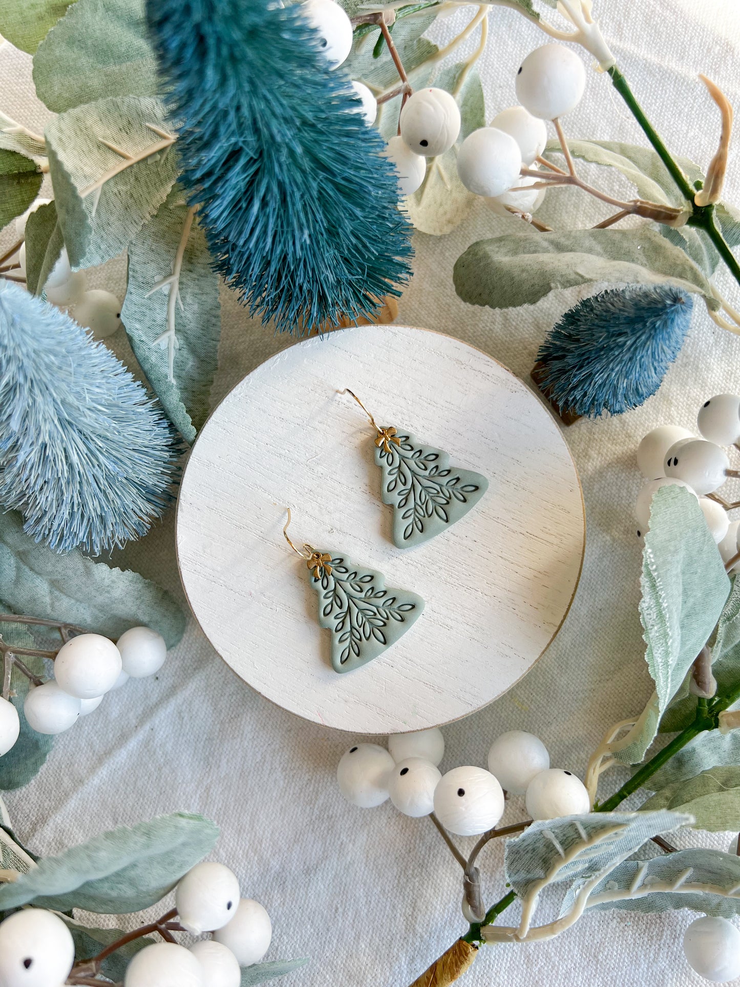 Scandinavian Sage Green Tree with Gold Bow Polymer Clay Earrings