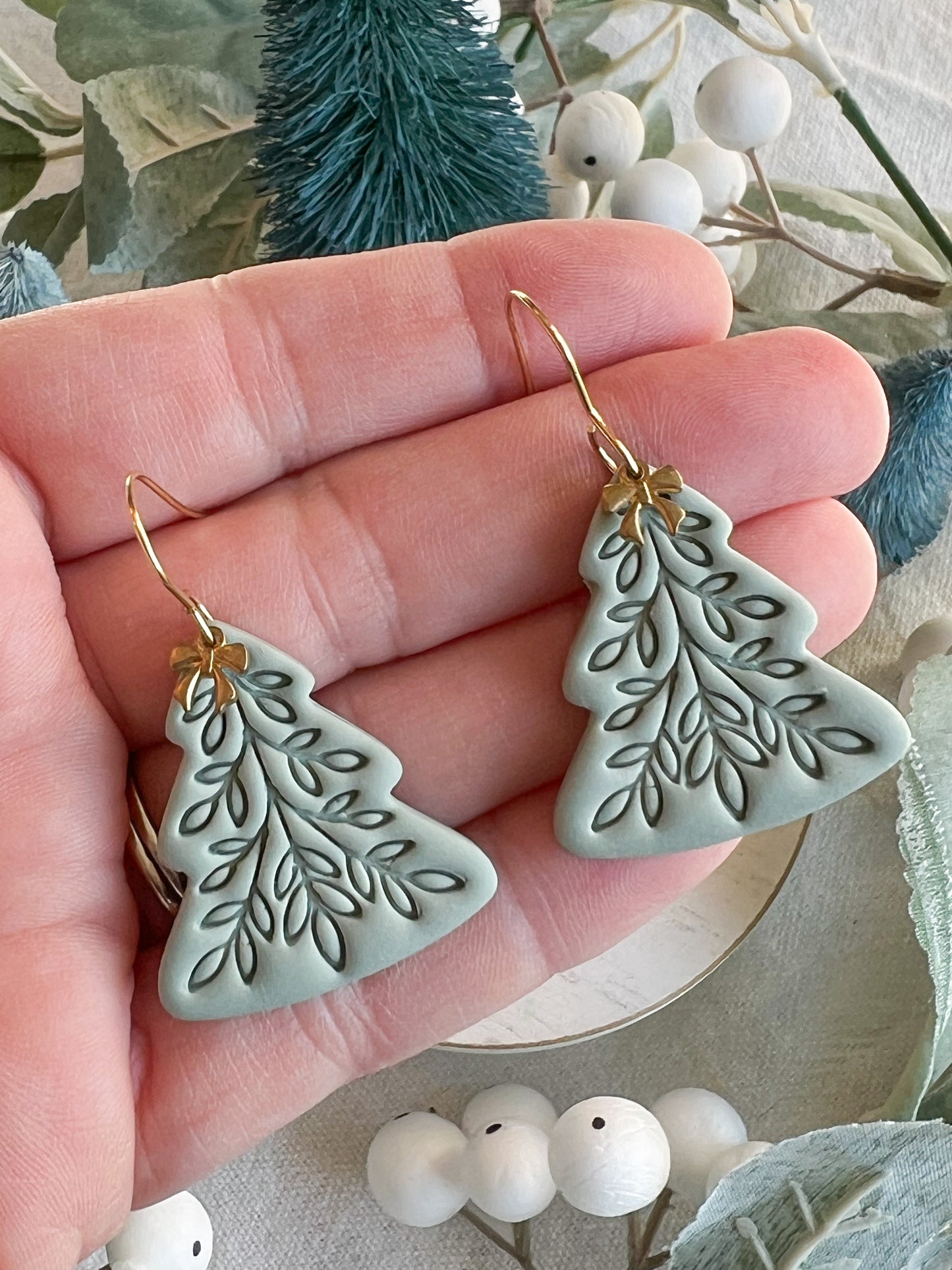 Scandinavian Sage Green Tree with Gold Bow Polymer Clay Earrings