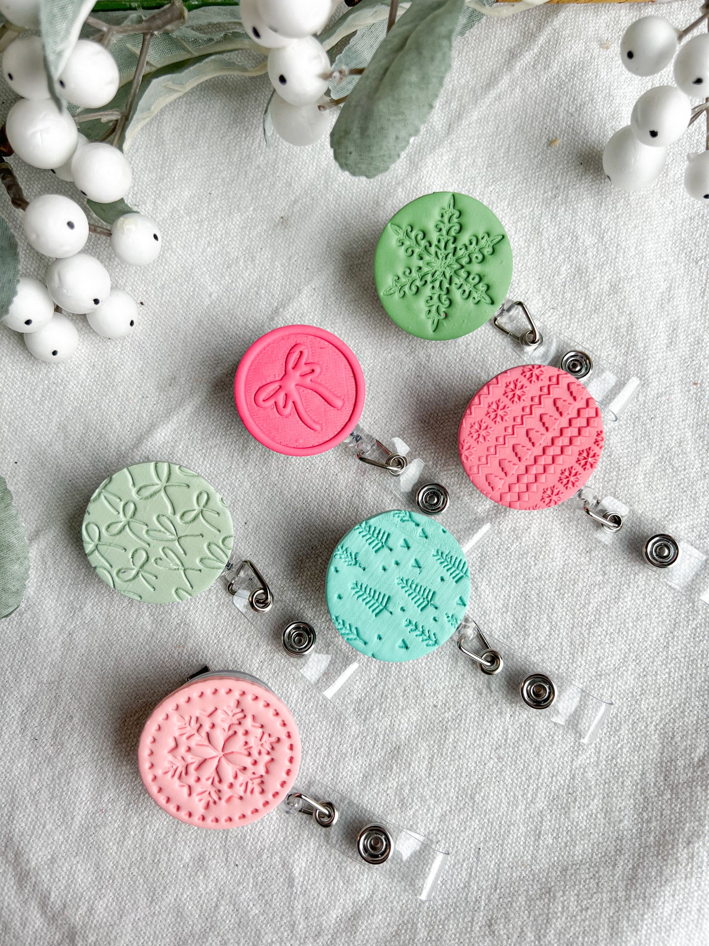 Pink Christmas Textured Polymer Clay Badges | Nurse and Teacher Retractable Badges