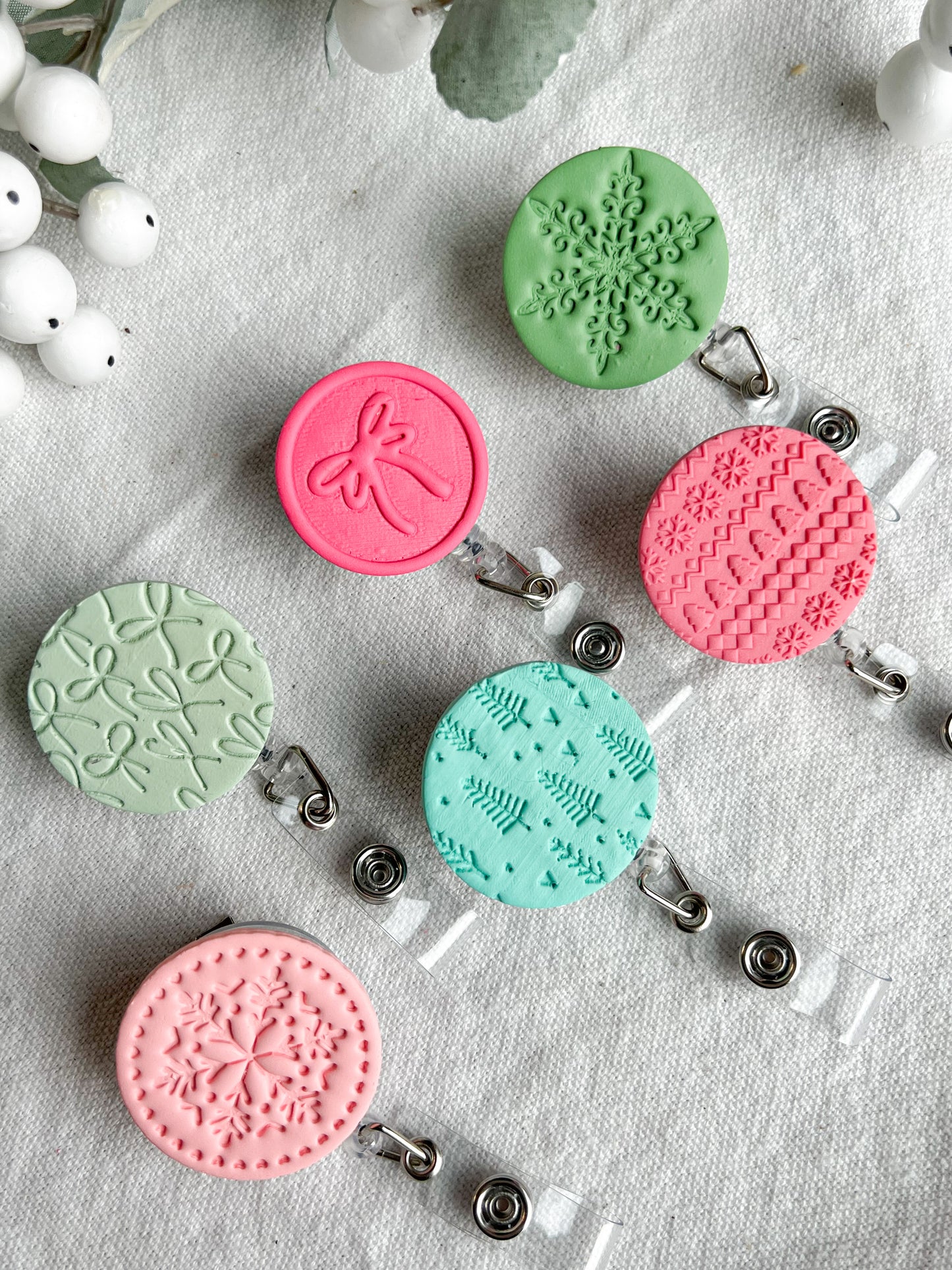 Pink Christmas Textured Polymer Clay Badges | Nurse and Teacher Retractable Badges