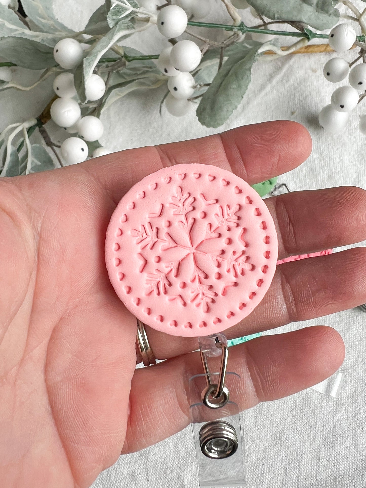 Pink Christmas Textured Polymer Clay Badges | Nurse and Teacher Retractable Badges