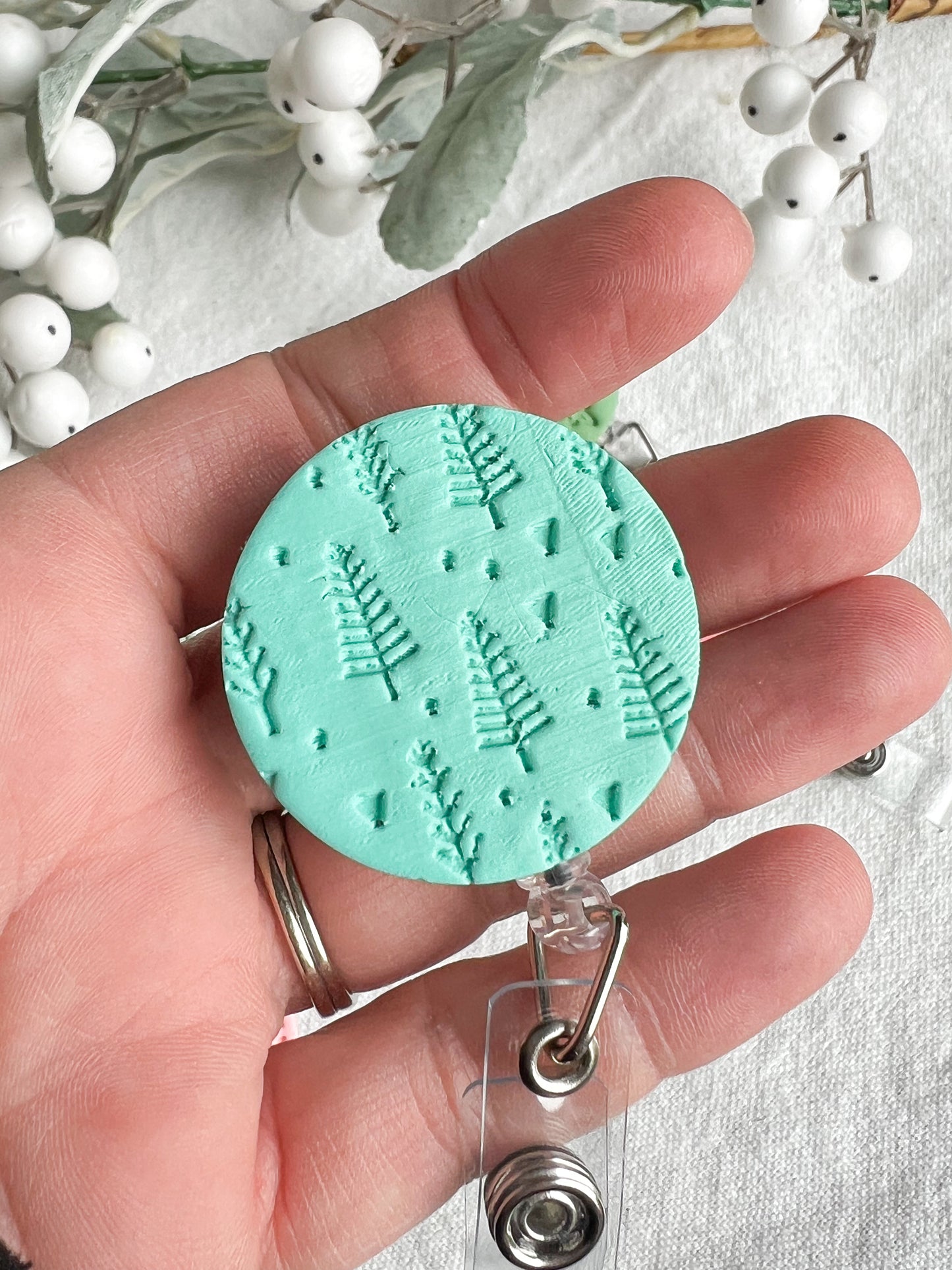 Pink Christmas Textured Polymer Clay Badges | Nurse and Teacher Retractable Badges