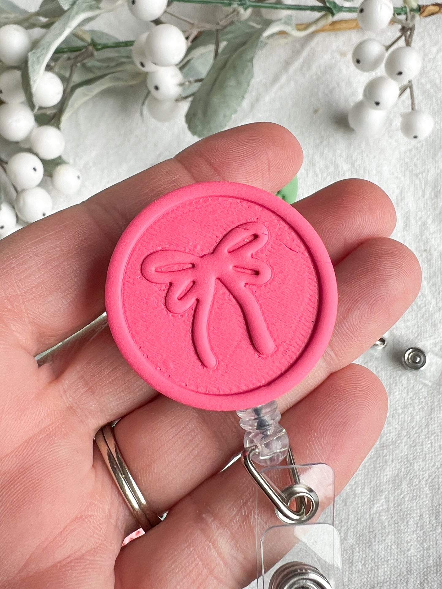 Pink Christmas Textured Polymer Clay Badges | Nurse and Teacher Retractable Badges