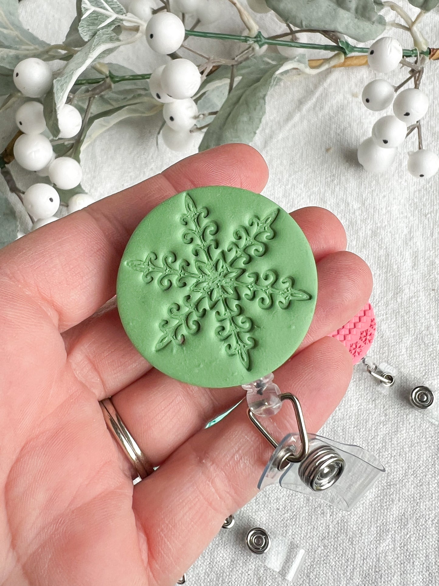 Pink Christmas Textured Polymer Clay Badges | Nurse and Teacher Retractable Badges