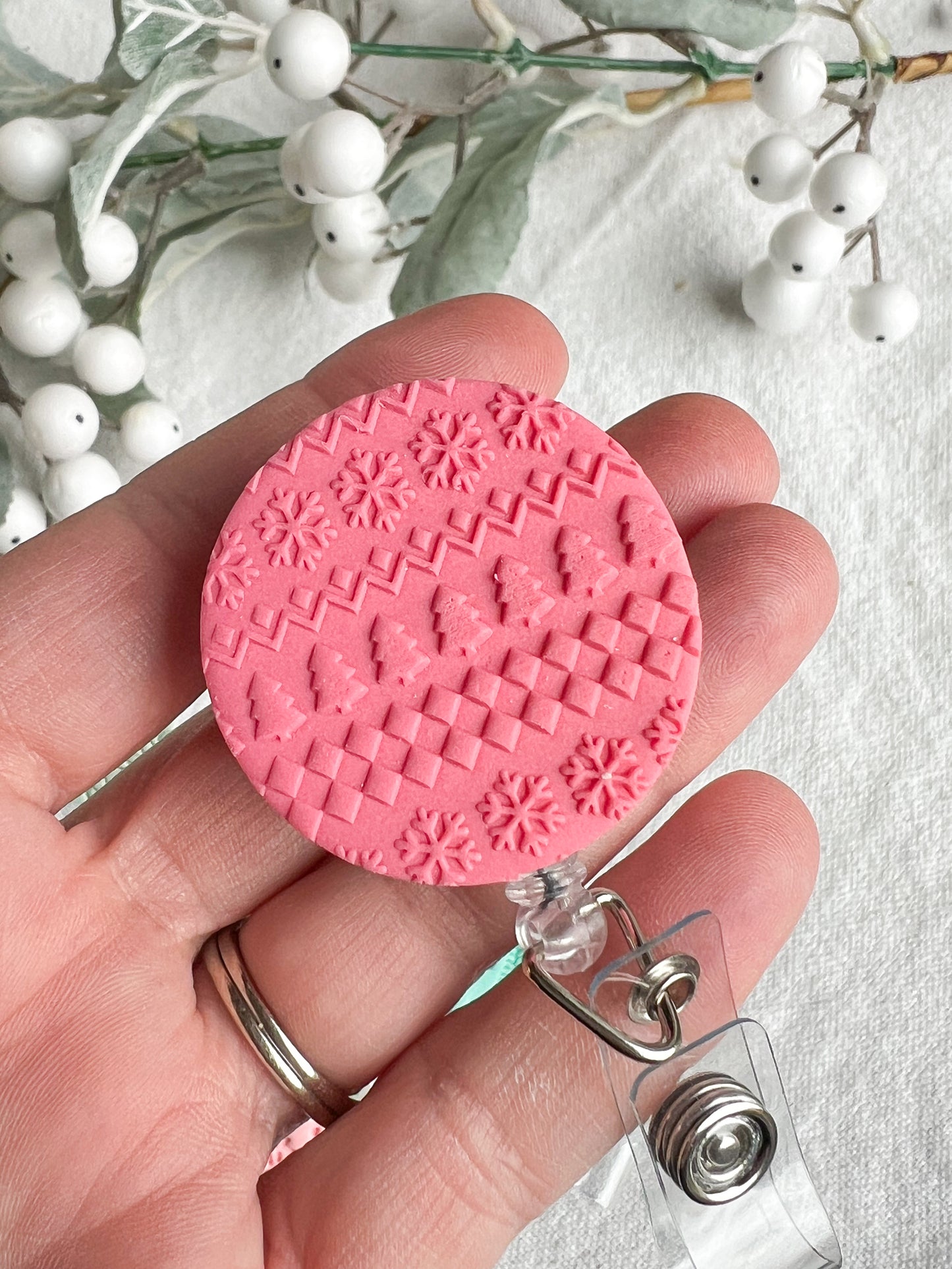 Pink Christmas Textured Polymer Clay Badges | Nurse and Teacher Retractable Badges