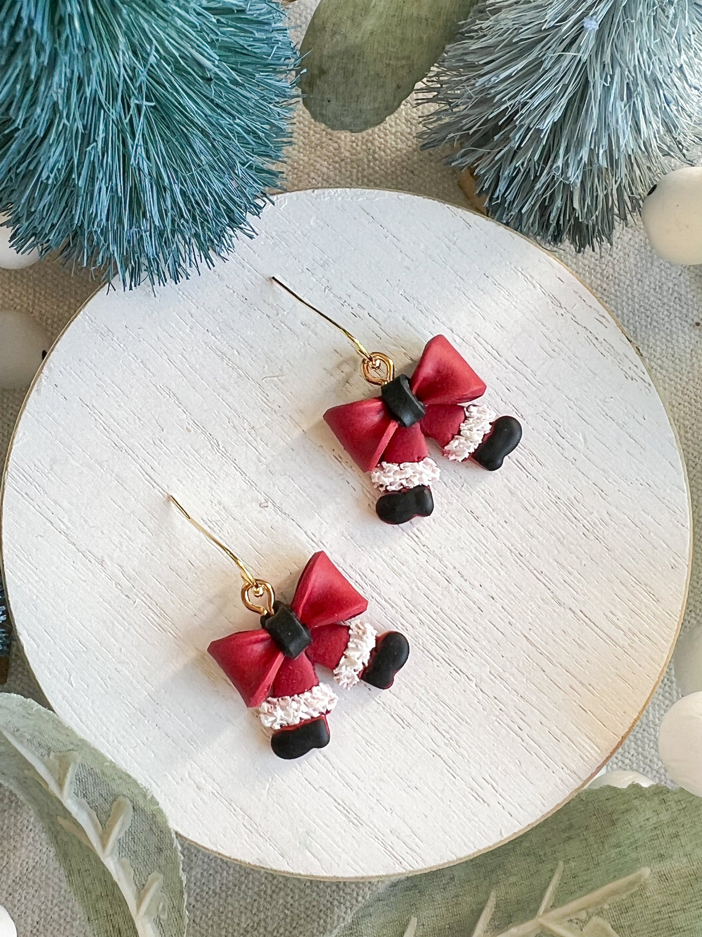 Santa Pants Ribbon Bow Polymer Clay Earrings