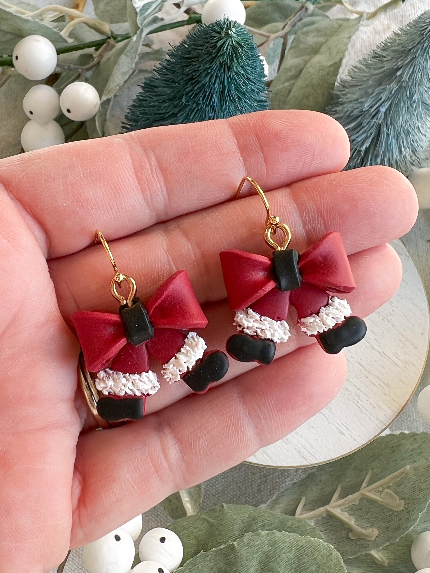 Santa Pants Ribbon Bow Polymer Clay Earrings