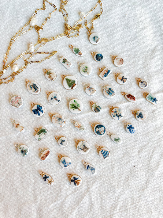 Blue Christmas Themed Transfer Paper Designed Polymer Clay Charms