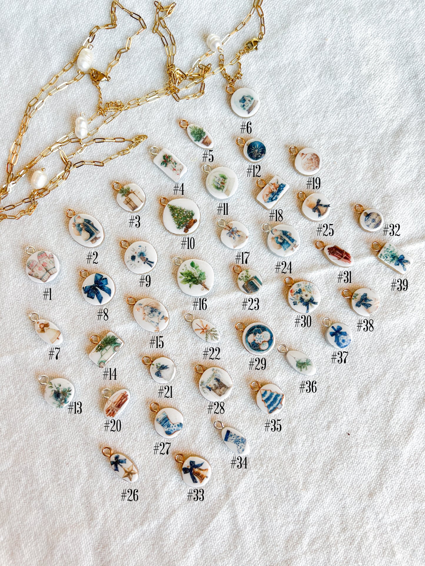 Blue Christmas Themed Transfer Paper Designed Polymer Clay Charms